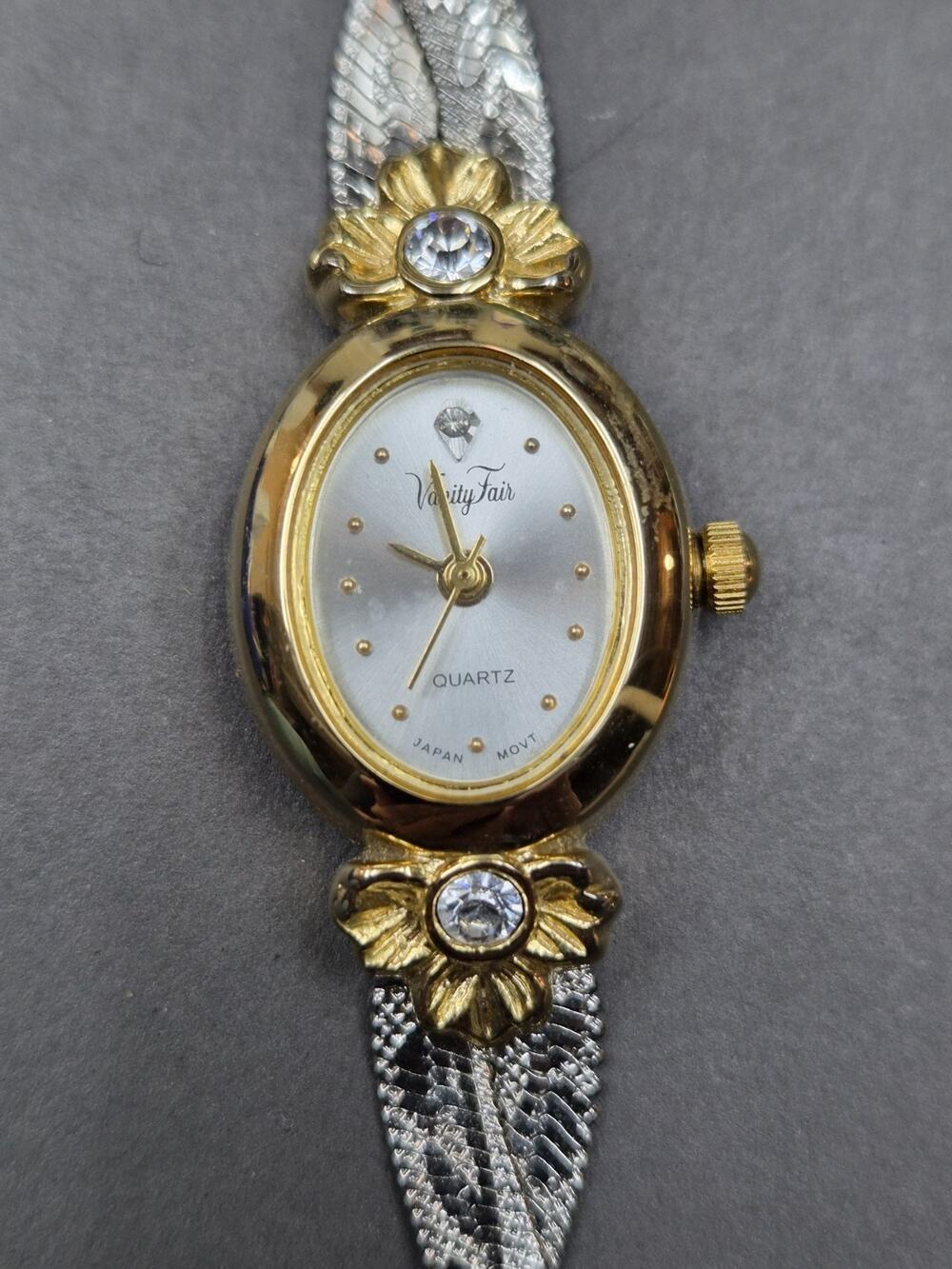 Vintage Vanity Fair Quartz Women's Two Tone Bracelet Watch Japan Movt Rhinestone